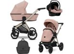 Carrozzina Kunert Brav 3In1 Rosa Con Telaio Champagne, Ruote In Gel E Seggiolino Auto Cosmo