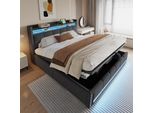Letto Imbottito Flieks 180X200Cm Con Funzione Di Ricarica (Usb E Presa Di Corrente), Letto A Molle Insacchettate Con Contenitore, Letto Giovanile Matrimoniale Con Led, Grigio Lino