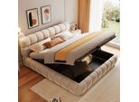 Letto Imbottito Idraulico Flieks 140X200Cm Con Contenitore, Letto Matrimoniale Letto Per Ragazzi Letto Contenitore Con Rete A Doghe, Velluto, Beige