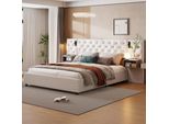 Letto Imbottito Fortuna Lai 140X200 Cm, Idraulico Con Usb E Luce Di Lettura, Letto Contenitore Con 2 Cassetti, Velluto, Letto Matrimoniale, Beige