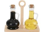 Dispenser Di Aceto E Olio In Vetro Con Supporto In Legno - Set Con 2 Caraffe E Tappo In Sughero