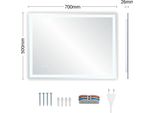 Specchio Da Bagno A Led - Rettangolare Senza Cornice 70 X 50 Cm - Vetro Temperato - Antiappannamento - 3 Temperature Di Colore - Sensore Touch Dimmerabile - Bianco