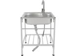 Lavello In Acciaio Inox - Lavello Freestanding A Una Vasca - Dimensioni 60 X 45 X 75 Cm - Rettangolare - Con Cestello - Miscelatore Freddo/Caldo - Argento