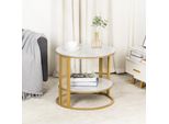 Tavolino Rotondo - 2 Livelli Con Ripiano - Aspetto Marmo - Struttura In Metallo Dorato - Ø55 X H50,5 Cm - Bianco Avorio
