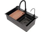 Lavello - Monovasca Con Rubinetto - Acciaio Inox 304 - Superficie Antigraffio - Doccia Estraibile 30 Cm - 75×45×22 Cm - Rettangolare - Nero