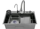 Lavello Da Cucina Lavello - Doppia Vasca - 201 Acciaio Inox - 75×46×20 Cm - Rettangolare - Con Rubinetto - 1 Foro - Nero