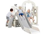 Struttura Per Arrampicata Per Bambini - Set Scivolo E Parete Da Arrampicata - Canestro Da Basket - 147×145×113 Cm - Plastica - Interno/Esterno - Bianco/Grigio Chiaro