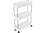 Carrello A Nicchia Stretta - Ripiano Portaoggetti - 3 Livelli - 4 Ruote (2 Con Freno) - Portata 10 Kg - Distanza Tra I Ripiani 18,5 Cm - Profondità Cesto 7 Cm - Pp + Acciaio Inox - Bianco