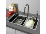 Lavello - Lavello Ad Una Vasca Da 75 Cm - Con Rubinetto - Rubinetto A Cascata Estraibile - Tre Fori - Acciaio Inox - Giallo