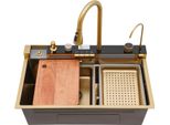 Set Lavello Cucina - Lavello Con Rubinetto - Vasca Singola - 75×46×22 Cm - Acciaio Inox - Display Digitale Della Temperatura - Rubinetto A Cascata, Estensibile 60 Cm - Oro