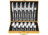 Set Di Posate Da 24 Pezzi - Coltello Forchetta Cucchiaio Cucchiaino - Acciaio Inox 410 + Legno - Lunghezze 22,9/20,7/20,6/13,8 Cm - Contenitore 34,6×25,5×4,5 Cm - Argento