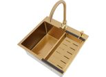 Lavello Da Cucina Lavello - Vasca Singola In Acciaio Inox - Rettangolare - Con Rubinetto E Dispenser Di Sapone - 50×45×22 Cm - Scarico Ø 110 Mm - Oro