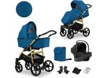 Carrozzina Kunert Mata 3In1 In Blu/Navy Con Telaio Dorato - Carrozzina Sicura E Confortevole