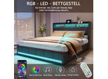 Unboxg Letto Imbottito 180X200Cm Con Usb E Prese, Letto Per Ragazzi Letto Matrimoniale Con 4 Cassetti, Letto Contenitore Letto In Legno Massiccio Con Led/Tipo-C E Rete A Doghe, Lino, Grigio