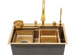 Lavello - Monovasca - 68×46×22 Cm - Acciaio Inox 201 - Rubinetto Estraibile - Insonorizzazione - Antiruggine - Oro