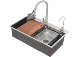 Lavello - Vasca Singola In Acciaio Inox 304 - Antigraffio, Con Rubinetto Estraibile 30 Cm, 75×45×22 Cm, Rettangolare, 1 Foro - Argento