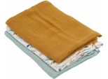 Set Of 3 Bamboo Swaddles - Domiva - 1 Printed + 2 Plain - Caramel Green - 60X60 Cm