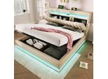 Letto Imbottito 140X200Cm Letto Matrimoniale, Testata Con Vano Contenitore, Con Illuminazione A Led Con Vano Contenitore Idraulico, Beige, Lino. (Senza Materasso)