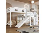 Letto A Castello Sweiko, Letto Per Bambini Con Finestra, Con Scivolo Per Bambini, Scale Con Corrimano, Con 2 Armadietti Nelle Scale, Design Versatile, Molto Spazio, Pino+Mdf, Bianco+Marrone, 90X200Cm