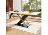 Tavolo Da Pranzo Sweiko Allungabile (120-160×80 Cm), Tavolo Da Cucina-Soggiorno, Tavolo Allungabile, Allungabile Fino A 160 Cm Con L'aiuto Di Una Piastra Interna, Tavolo Da Pranzo Con Gambe A Croce Dorate