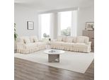 Sweiko Classic 2 Piece Modular Living Room Sofa Set With Funnel Armrests, Removable Ruffle Skirt & Spindle Legs - 3-Seater & 2-Seater Chenille Loveseat,White