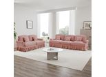 Sweiko Classic 2 Piece Modular Living Room Sofa Set With Funnel Armrests, Removable Ruffle Skirt & Spindle Legs - 3-Seater & 2-Seater Chenille Loveseat,Pink