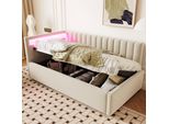 Flieks Letto Imbottito Idraulico Divano Letto 90X200Cm Con Led, Divano Con Funzione Letto, Letto Da Giorno Letto Singolo Letto In Legno Velluto, Beige