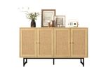 Fortuna Lai Credenza In Vero Rattan Con 4 Ante, Aspetto Legno, Gambe Nere Opache E Maniglie Dorate