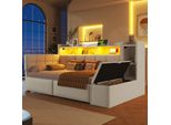 Flieks Divano Letto Da Giorno 90X190Cm Con Sgabello Idraulico, Letto Imbottito Letto Singolo Con Funzione Di Carico E Led, Letto Per Ragazzi In Velluto Con Ripiani, Bianco