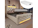 Letto Imbottito Letto Singolo 90X200Cm, Letto Imbottito Con Luci A Led, Testata Contenitore, Letto Contenitore Idraulico, Beige, (Con Materasso)