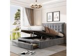 Letto Imbottito Flieks 140X200Cm, Letto Matrimoniale Con Cassetto, Letto A Molle Idrauliche Con Rete A Doghe, Letto Contenitore Letto In Legno Massiccio Velluto, Grigio