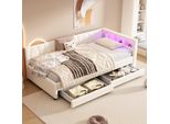 Flieks Divano Letto Imbottito 90X200Cm Con 2 Cassetti E Led, Letto Da Giorno Con Funzione Di Ricarica (Usb&Tipo C), Letto Singolo Con Vano Contenitore, Lino, Beige