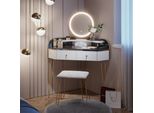 Vicco Tavolo Da Trucco Ad Angolo Amira, 99 Cm Con Specchio Led, Sgabello E Usb, Bianco Lucido/Grigio Lucido