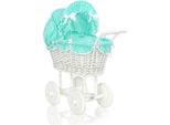 Rimorchio Per Bambole In Vimini - Passeggino In Vimini - Fatto A Mano Ed Ecologico, Con Lenzuola Color Menta - Bianco
