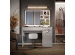 Vicco Tavolo Da Toeletta Adela, 115 Cm Con Specchio Led E Sgabello, Bianco Lucido