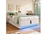 Letto Imbottito Flieks 90X200Cm Senza Testata, Letto Giovanile A Molle Insacchettate Con Led E Funzione Di Carico, Letto Contenitore Letto Singolo Con Contenitore, Lino, Beige