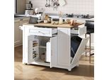 Isola Cucina Fortuna Lai Con Rotelle, Zona Pranzo Estraibile Isola Cucina Con Cassetti Multifunzione E Scomparto Per Contenitore Rifiuti, Isola Cucina Mobile Ideale Per Cucina E Sala Da Pranzo (Bianco)