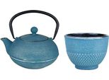 Teiera In Ghisa Blu Asagao 0,9 L + Tazza In Ghisa Blu E Argento