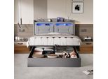 Letto Idraulico Proximax 140×200 Cm In Grigio Chiaro - Tessuto Di Lino, Testata A Led Con Usb E Mensola, Spazio Di Archiviazione Sotto Il Letto - Per Camere Da Letto Moderne