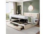 Letto Imbottito Merax 180X200Cm Con Giroletto E Cassetti, Box Spring Idraulico Letto Matrimoniale In Velluto Letto Contenitore, Beige