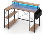 Costway Scrivania A L 120 Cm Con Prese Di Corrente, Led, Supporto Per Monitor, Ripiani E Borsa Portaoggetti, Scrivania Angolare, Scrivania Per Computer Da Gioco Marrone