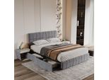 Letto Imbottito Fortuna Lai 160X200 Cm, Letto Matrimoniale In Legno Con Rete A Doghe, 4 Cassetti E Rivestimento In Velluto, Letto Funzionale E Letto Contenitore In Grigio