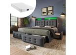 Letto Imbottito 140X200, Letto Matrimoniale Con Testata A Led E Usb C E 4 Cassetti, Letto Contenitore, Grigio, Con Materasso