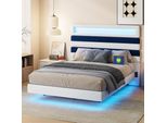 Letto Imbottito 140 X 190 Cm Con Connessione Usb, Letto Per Ragazzi, Letto Matrimoniale Con Illuminazione A Led, In Velluto, Bianco E Blu
