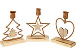 Set Di Portacandele 3 Pezzi Per Candele A Colonna Decorazione Natalizia In Metallo/Legno Motivi Stella Cuore Abete Marrone H16,5Cm
