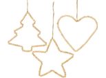 Decorazione Natalizia In Legno Con Perline, Set Di 3 Appendini: Cuore, Stella, Albero H20Cm - Incantevole Decorazione Per Finestre