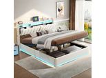 Letto Imbottito Proximax 140×200 Cm In Beige - Rivestimento In Velluto, Testata A Led, Porta Di Ricarica Usb E Ripiano - Spazio Di Archiviazione Sotto Il Letto, Moderno E Pratico
