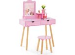 Set Da Toilette Per Bambini Costway, Toilette 2 In 1, Scrivania E Sgabello Con Specchio, 2 Cassetti, Pettine, Cassettiera Per Il Trucco Per Bambine Dai 3 Anni In Su, Rosa