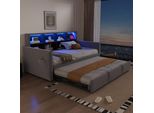 Flieks Divano Letto Per Ragazzi 90X190Cm Con Letto Estraibile, Daybed Con Led, Letto Imbottito Letto Singolo Con Funzione Di Carico E Contenitore, Velluto, Grigio Chiaro