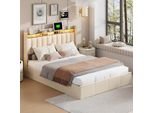 Unboxg Letto Imbottito 140X200Cm Con Usb E Led, Letto A Molle Con Rete A Doghe, Letto Matrimoniale Con Contenitore, Letto Funzionale Con Contenitore, Velluto, Beige